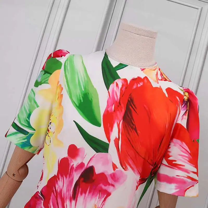 Bohemian Women Floral Printed 2024 Summer Slim Party Sundress Short Puff Sleeve Waisted Holiday Midi Robe
