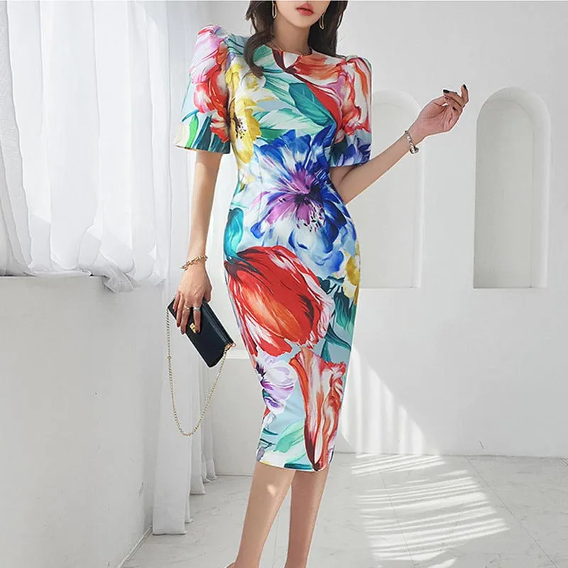Bohemian Women Floral Printed 2024 Summer Slim Party Sundress Short Puff Sleeve Waisted Holiday Midi Robe