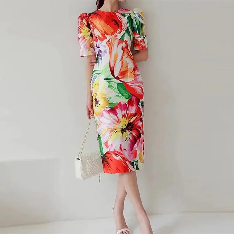 Bohemian Women Floral Printed 2024 Summer Slim Party Sundress Short Puff Sleeve Waisted Holiday Midi Robe