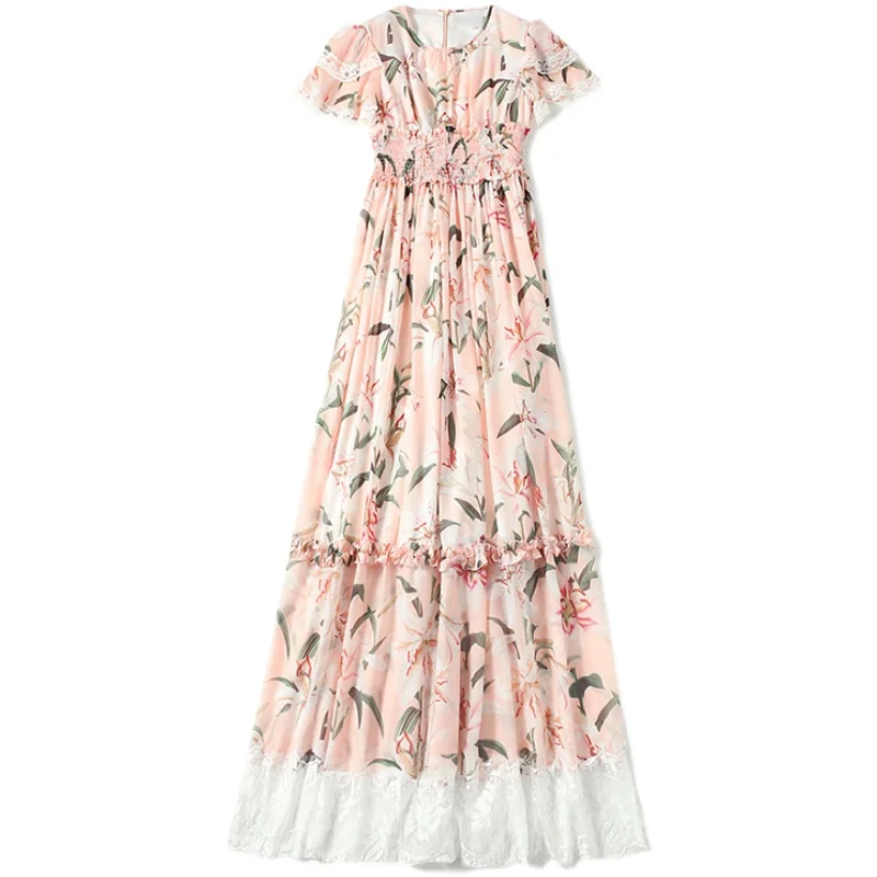 Runway Floral Patchwork Lace Pink Maxi Dress Women Short Sleeve Elegant Lilies Printed Beach Boho Sundresss