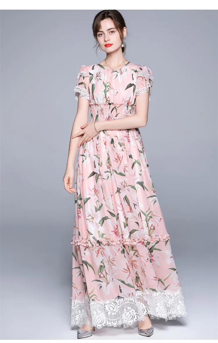 Runway Floral Patchwork Lace Pink Maxi Dress Women Short Sleeve Elegant Lilies Printed Beach Boho Sundresss