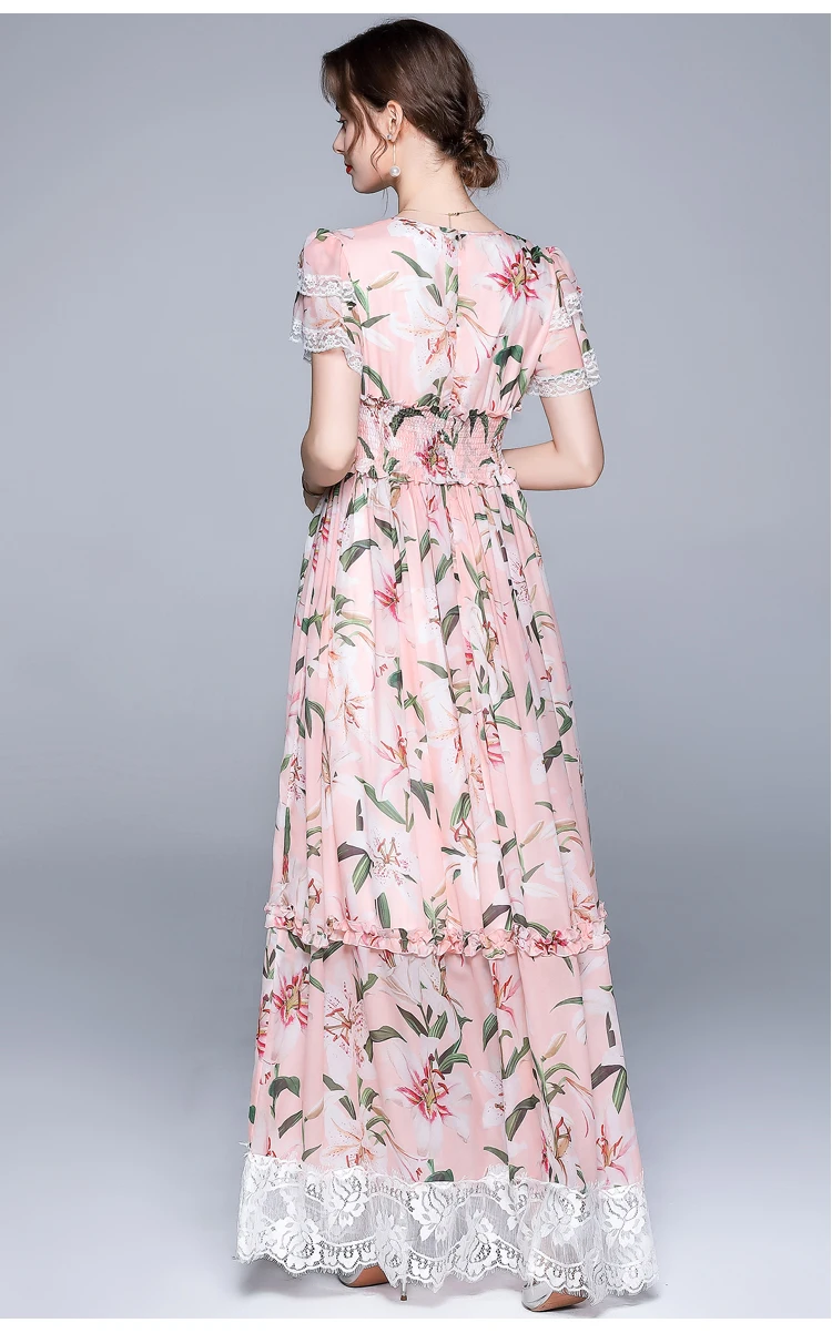 Runway Floral Patchwork Lace Pink Maxi Dress Women Short Sleeve Elegant Lilies Printed Beach Boho Sundresss