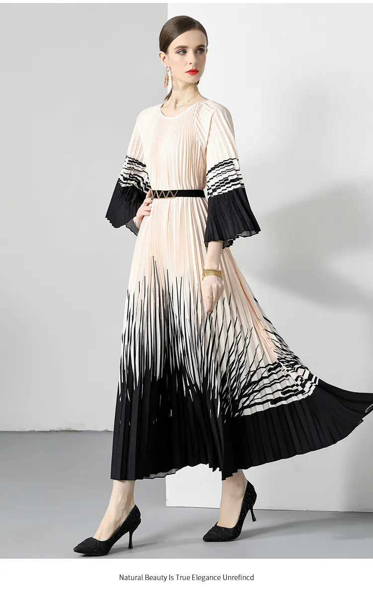 O-Neck Lace-up Belt Print Loose Large Size Vintage Party  Vestidos Maxi Dress 2024
