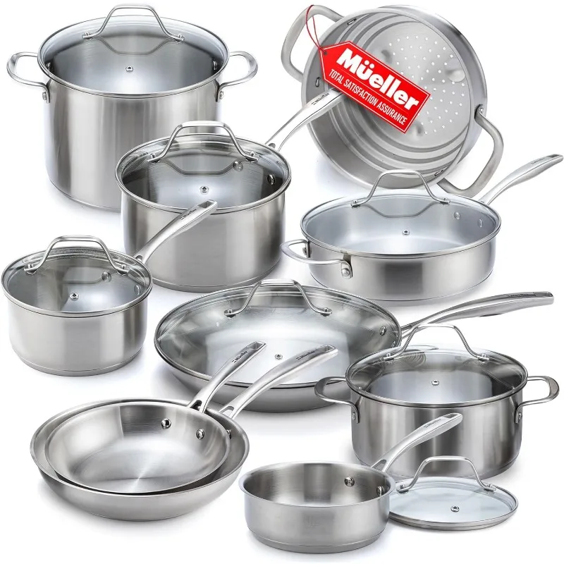 Mueller Pots and Pans Set 17-Piece, Ultra-Clad Pro Stainless Steel Cookware Set, Silver