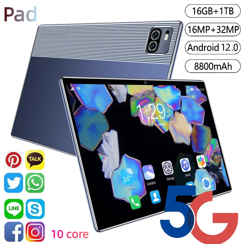 2024 Pad 15 Pro 10.1 inch Android 12 Tablet Global Version 16GB RAM 1TB ROM 16MP 32MP 10 Core 8000mAh Tablet 5G Wifi HD Netbook