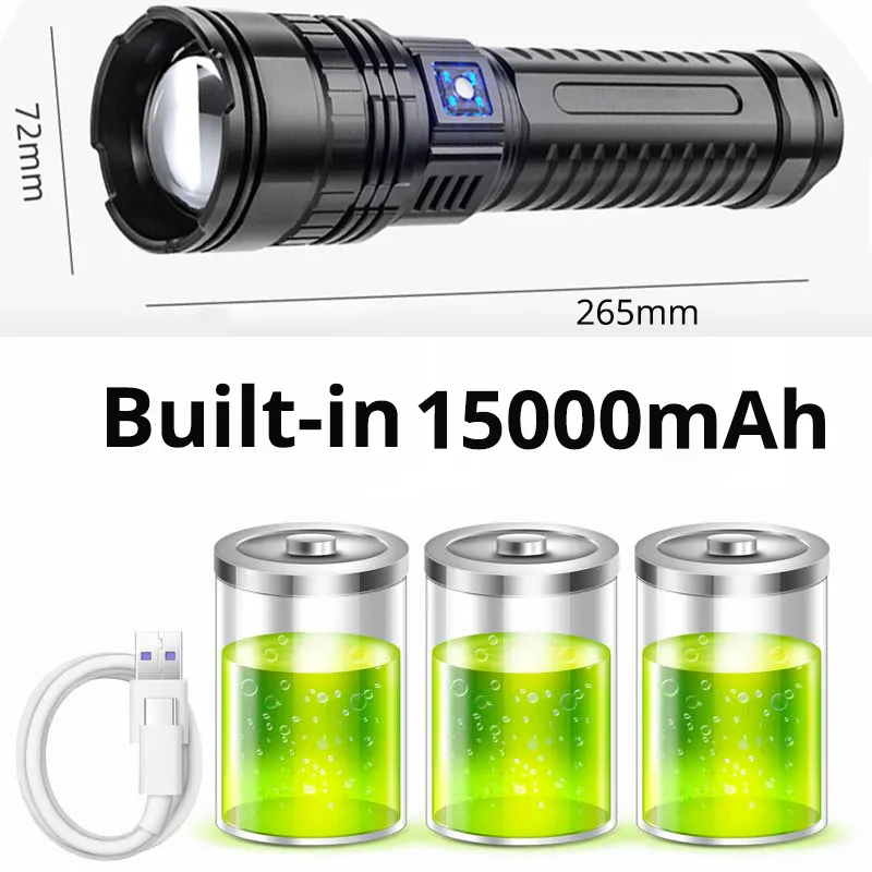 OEM Built-in Battery Flash Light Emergency Spotlights 4km 10000LM 800W Most Powerful Led Flashlights Tactical 15000mah