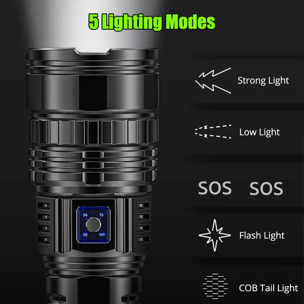 OEM Built-in Battery Flash Light Emergency Spotlights 4km 10000LM 800W Most Powerful Led Flashlights Tactical 15000mah