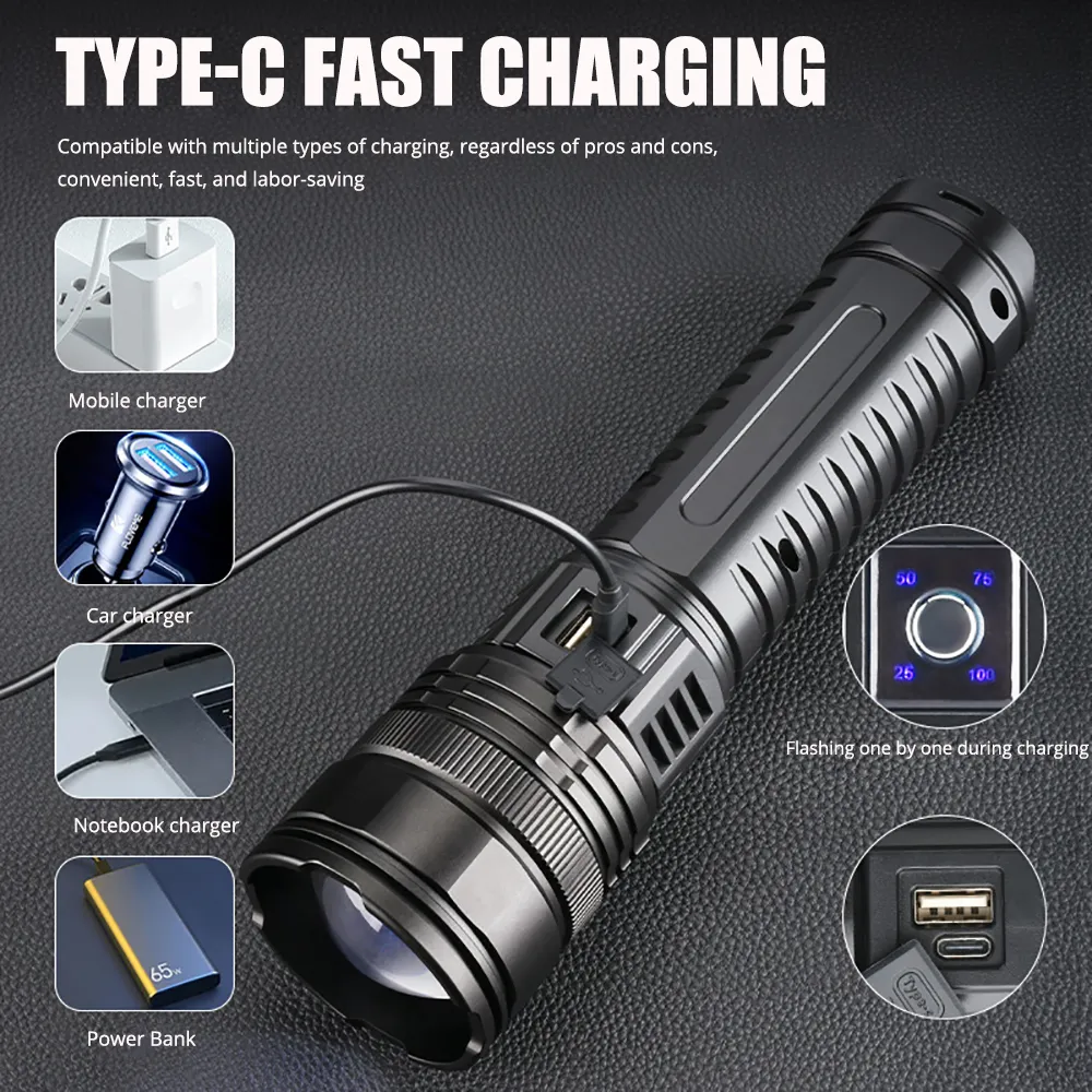 OEM Built-in Battery Flash Light Emergency Spotlights 4km 10000LM 800W Most Powerful Led Flashlights Tactical 15000mah