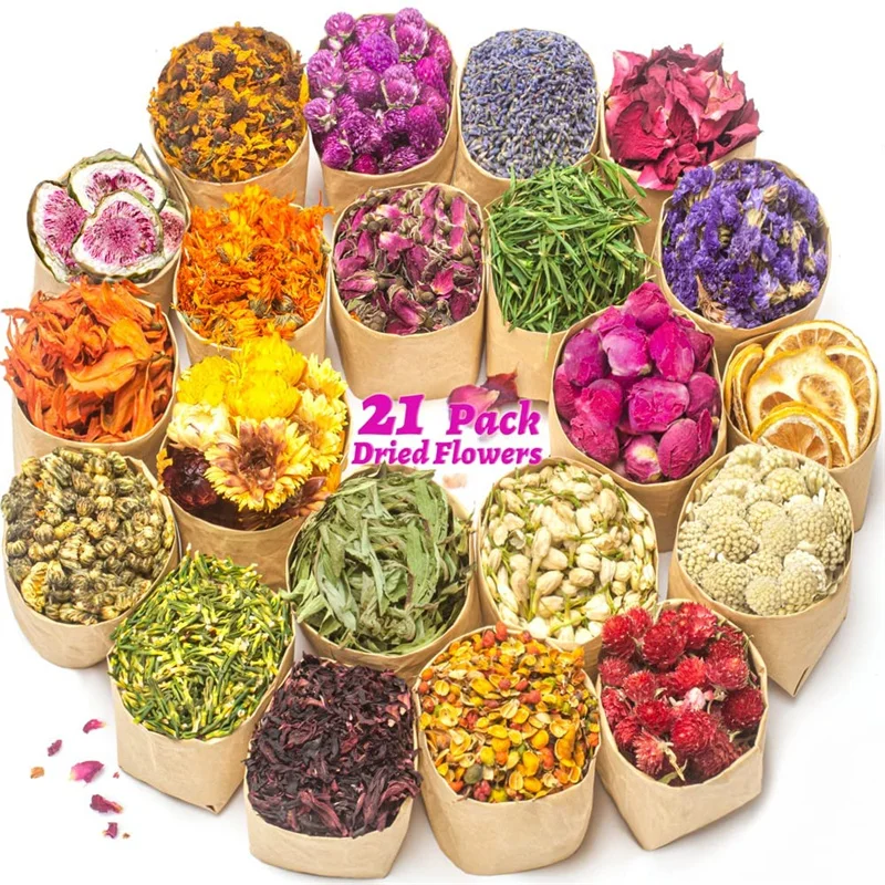 21Bags Natural Rose Lavender Dried Flower Set, DIY scented Candles, Epoxy Resin Jewelry Don't Forget Me, Lily,Petal Home Decor