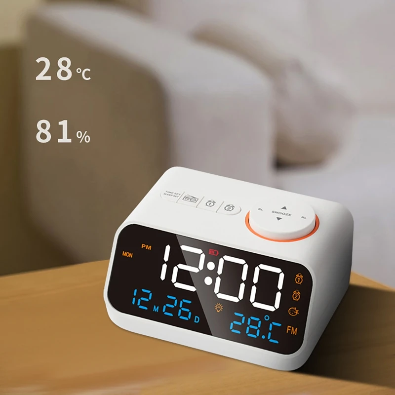 24Hr FM Radio Alarm Clock Temperature/Humidity Display Screen Voice-activated LED Digital Timer USB Snooze Function Alarm Clock