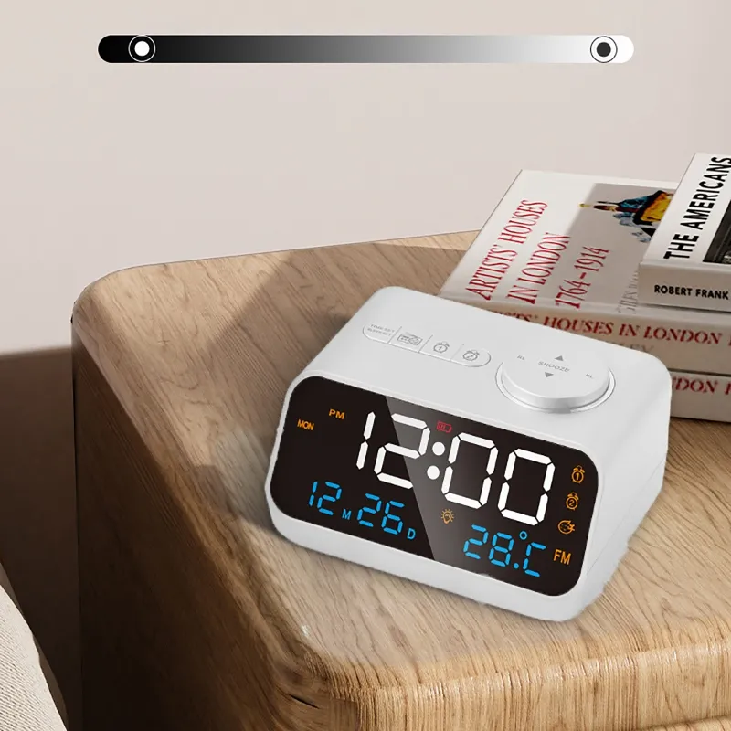 24Hr FM Radio Alarm Clock Temperature/Humidity Display Screen Voice-activated LED Digital Timer USB Snooze Function Alarm Clock