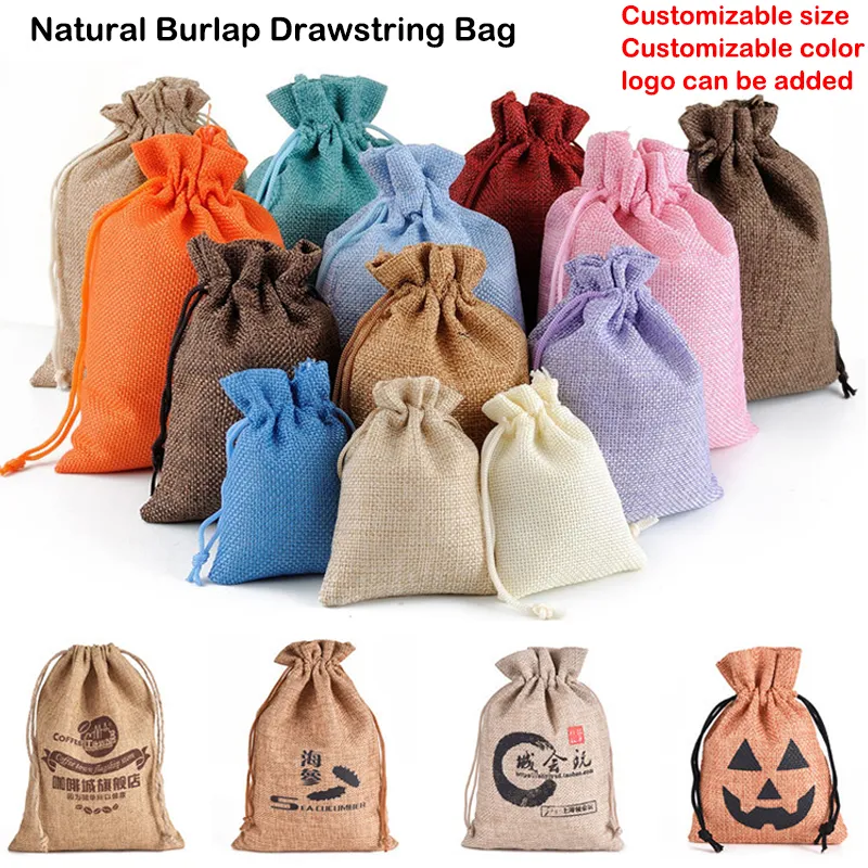 2-10Pcs Jute Drawstring Natural Burlap Bag Jute Gift Bags Multi Size Jewelry Packaging Wedding Diy Burlap Bags Customizable Logo
