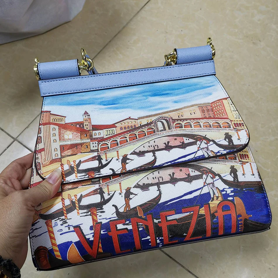 European And American Retro Style Frame Women Totes Classic Printing 28cm Female Venezia Handbags Messenger Bag Shoulder Bags