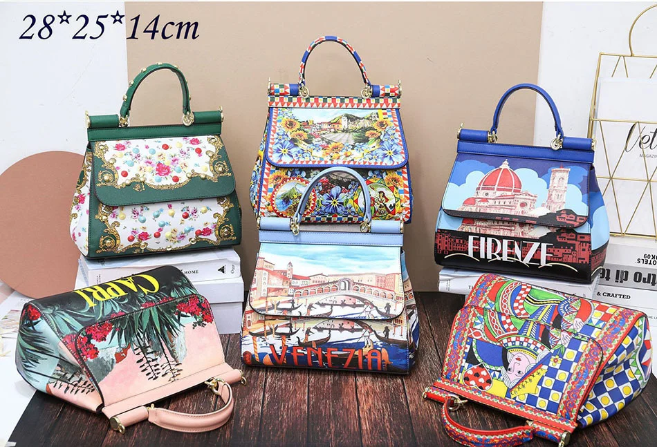 European And American Retro Style Frame Women Totes Classic Printing 28cm Female Venezia Handbags Messenger Bag Shoulder Bags