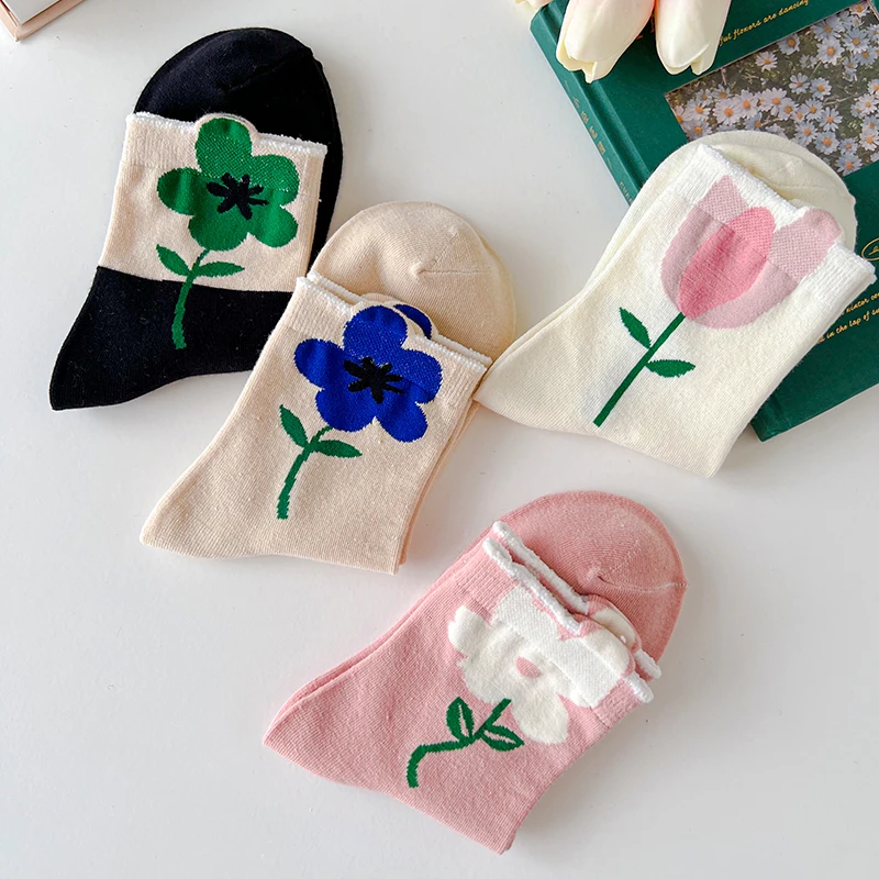 New Women Socks Korean Style Flower Trend Casual Cotton Socks Girls Frilly Ruffle Cute Sweet Breathable Kawaii Crew Socks Girls