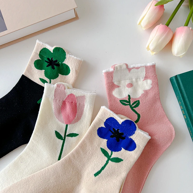 New Women Socks Korean Style Flower Trend Casual Cotton Socks Girls Frilly Ruffle Cute Sweet Breathable Kawaii Crew Socks Girls