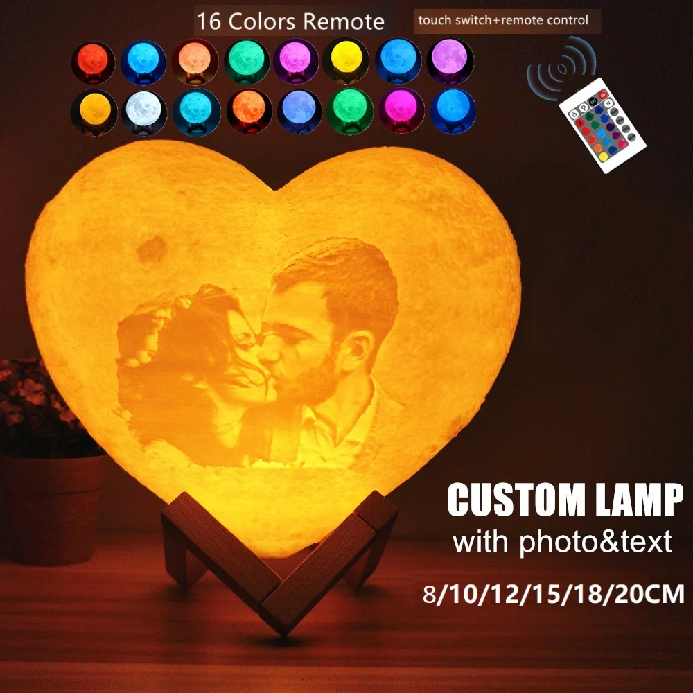 OEM Customized Moon Lamp with Photo&Text Heart Shape 3D Printed Moon Night Light Personalized Gifts for Birthday Mother's Day