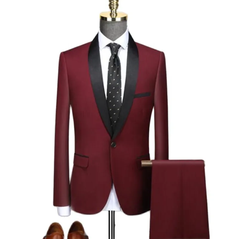 OEM Men's Lapel Black Collar 3 Piece Suit Set Coat Vest Trousers / Business Groomsmen Groom Wedding Dress Fprmal Blazer Pants