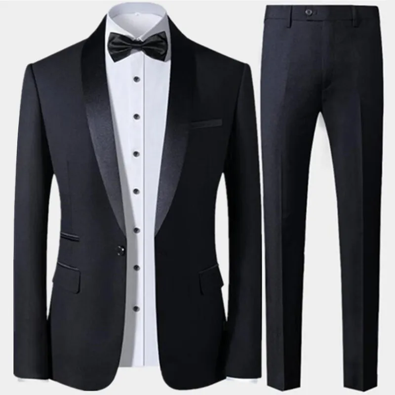 OEM Men's Lapel Black Collar 3 Piece Suit Set Coat Vest Trousers / Business Groomsmen Groom Wedding Dress Fprmal Blazer Pants