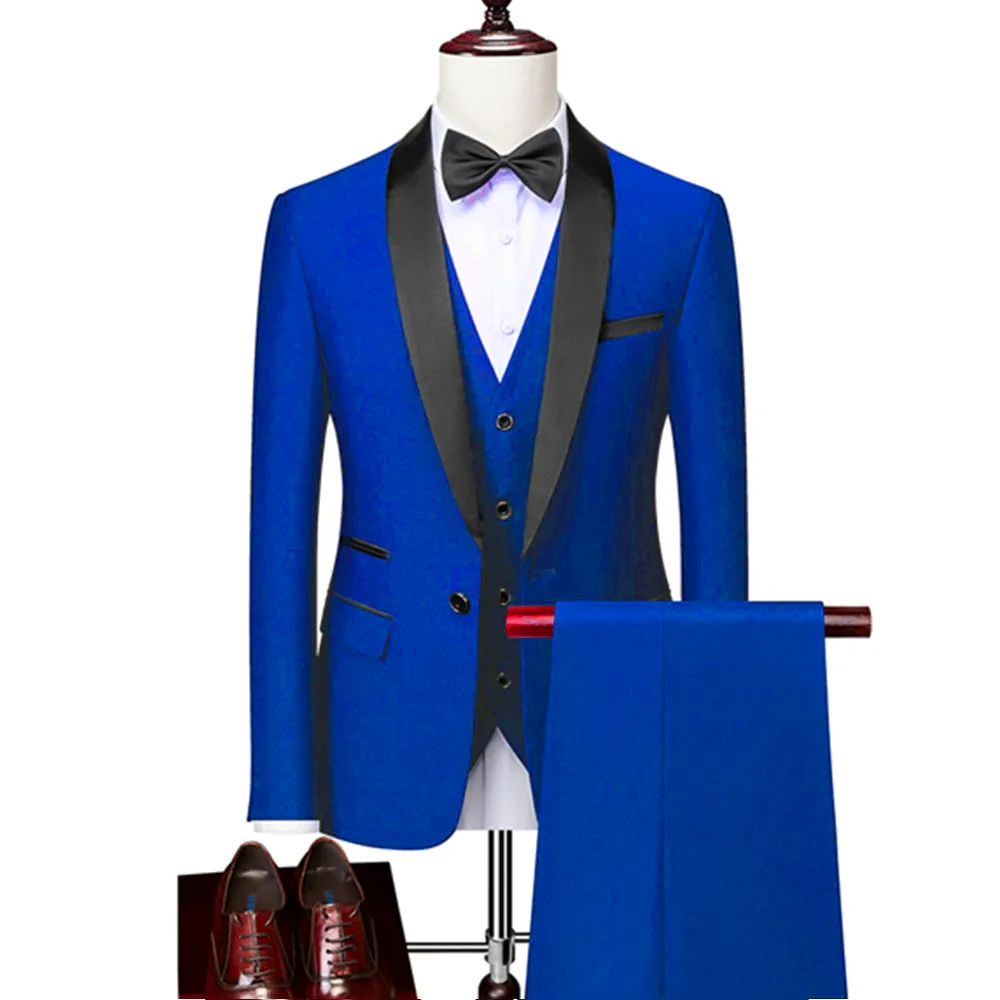 OEM Men's Lapel Black Collar 3 Piece Suit Set Coat Vest Trousers / Business Groomsmen Groom Wedding Dress Fprmal Blazer Pants