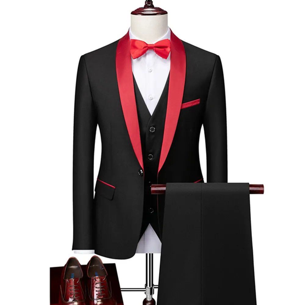 OEM Men's Lapel Black Collar 3 Piece Suit Set Coat Vest Trousers / Business Groomsmen Groom Wedding Dress Fprmal Blazer Pants