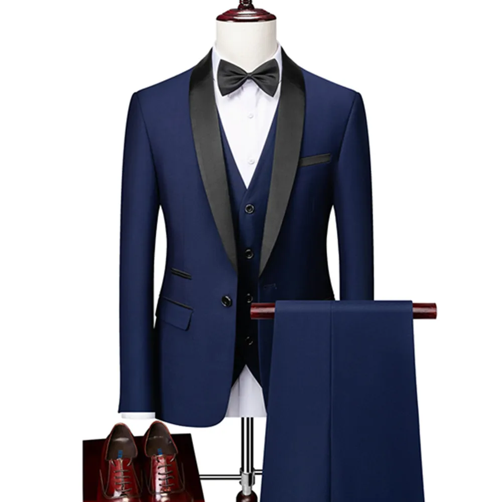 OEM Men's Lapel Black Collar 3 Piece Suit Set Coat Vest Trousers / Business Groomsmen Groom Wedding Dress Fprmal Blazer Pants