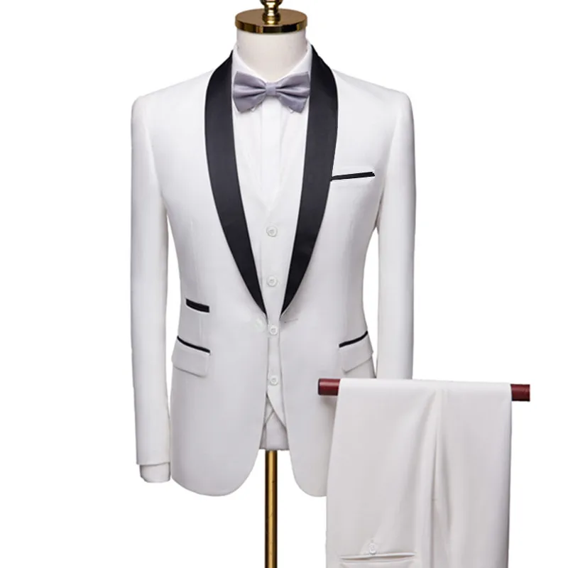 OEM Men's Lapel Black Collar 3 Piece Suit Set Coat Vest Trousers / Business Groomsmen Groom Wedding Dress Fprmal Blazer Pants