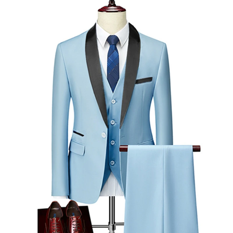 OEM Men's Lapel Black Collar 3 Piece Suit Set Coat Vest Trousers / Business Groomsmen Groom Wedding Dress Fprmal Blazer Pants