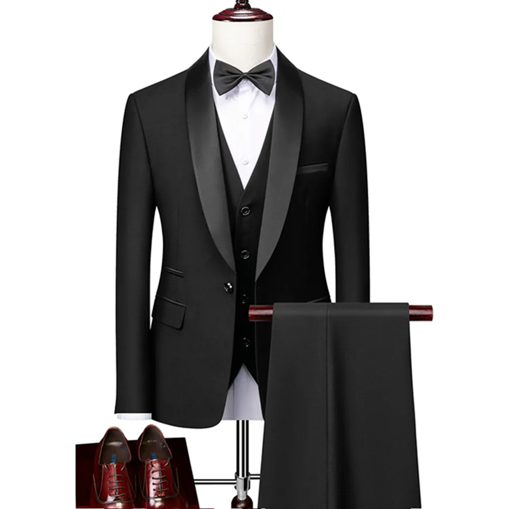 OEM Men's Lapel Black Collar 3 Piece Suit Set Coat Vest Trousers / Business Groomsmen Groom Wedding Dress Fprmal Blazer Pants