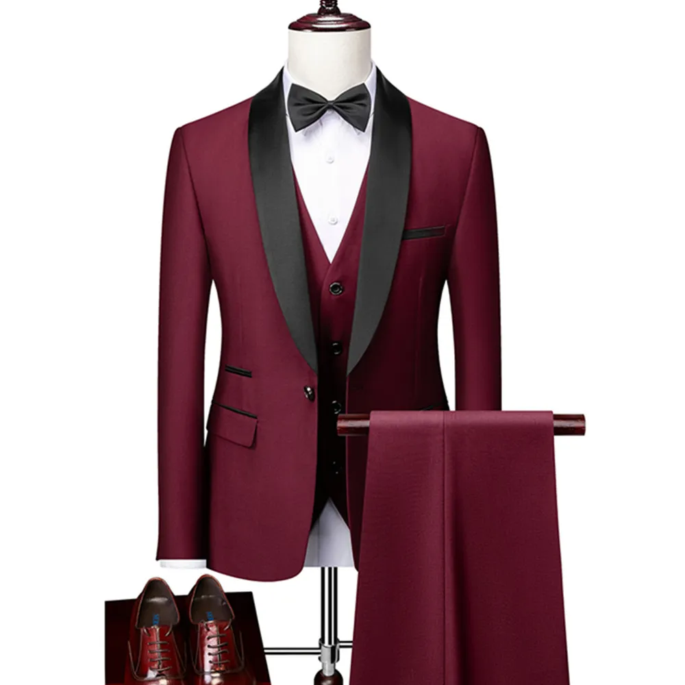 OEM Men's Lapel Black Collar 3 Piece Suit Set Coat Vest Trousers / Business Groomsmen Groom Wedding Dress Fprmal Blazer Pants