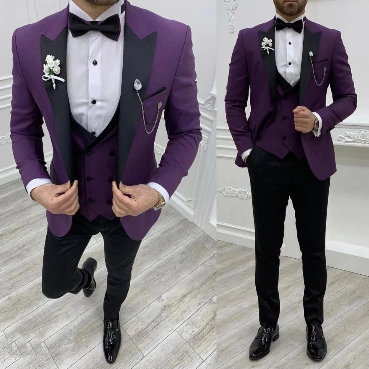 OEM Custom Made Purple Prom Party Wedding Suits For Groom Slim Fit Business Work Wear Men Blazer Waistcoat Trousers Marriage Costume