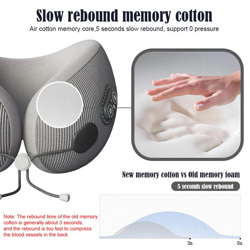 Travel Neck Pillow With Massager U-Shaped Memory Cotton Sleep Pillow For Airplane Office Nap Cervical Pillows For Pain Relief