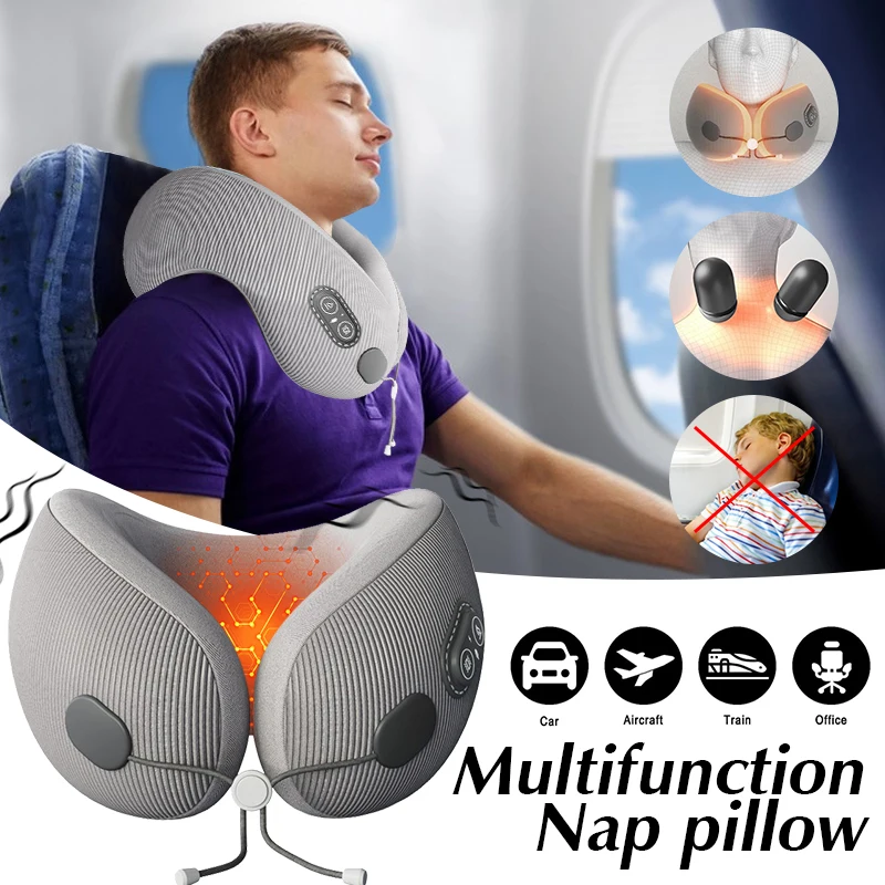 Travel Neck Pillow With Massager U-Shaped Memory Cotton Sleep Pillow For Airplane Office Nap Cervical Pillows For Pain Relief