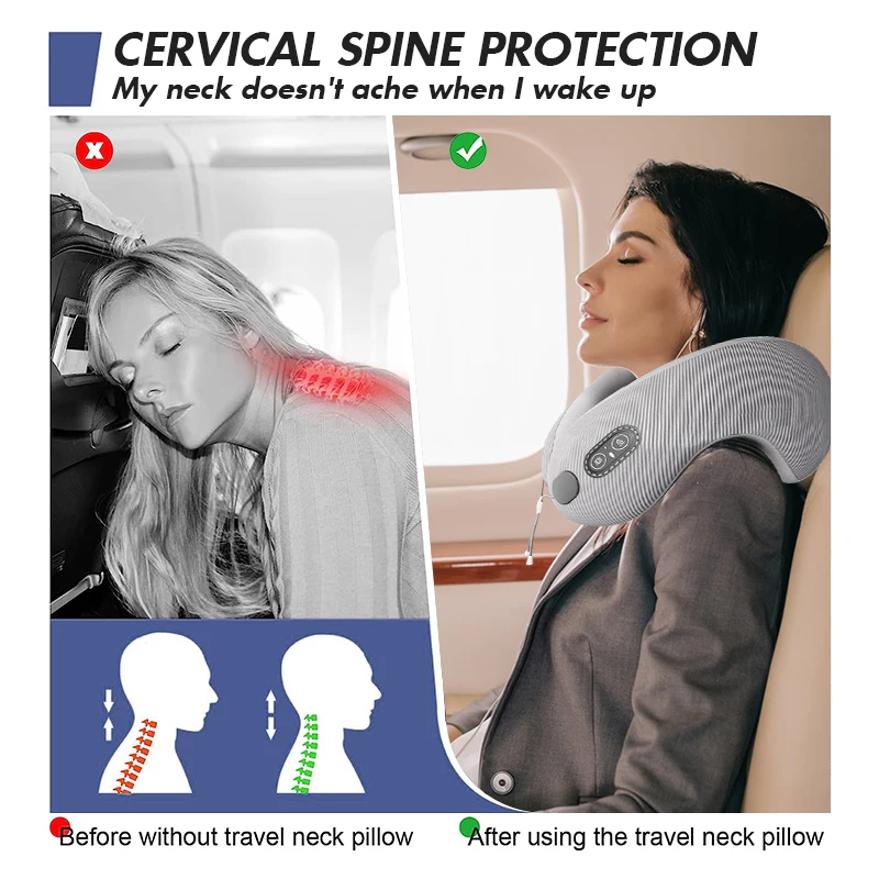 Travel Neck Pillow With Massager U-Shaped Memory Cotton Sleep Pillow For Airplane Office Nap Cervical Pillows For Pain Relief