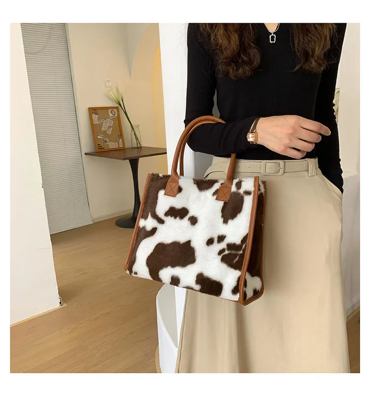 Top-Handle Bags Retro Cow Leopard Print PU Leather Plush Design Autumn Winter Fashion Small Women Small Handbags