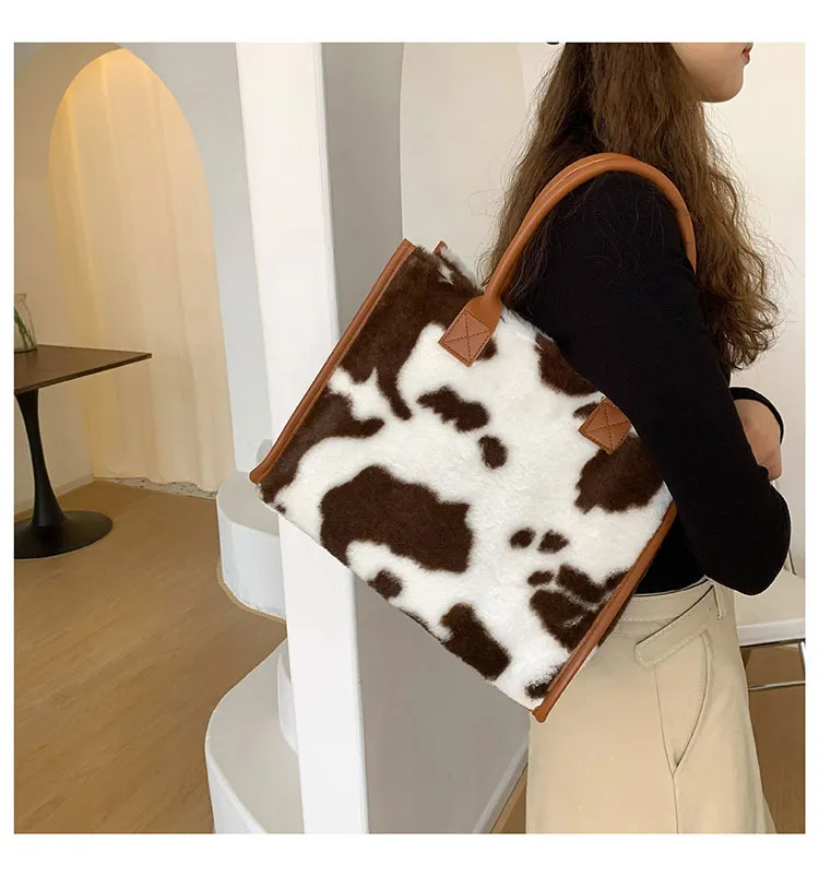 Top-Handle Bags Retro Cow Leopard Print PU Leather Plush Design Autumn Winter Fashion Small Women Small Handbags