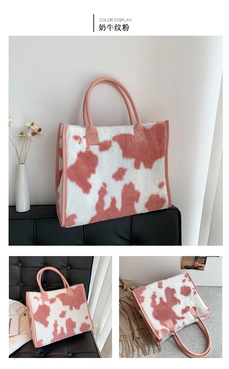 Top-Handle Bags Retro Cow Leopard Print PU Leather Plush Design Autumn Winter Fashion Small Women Small Handbags