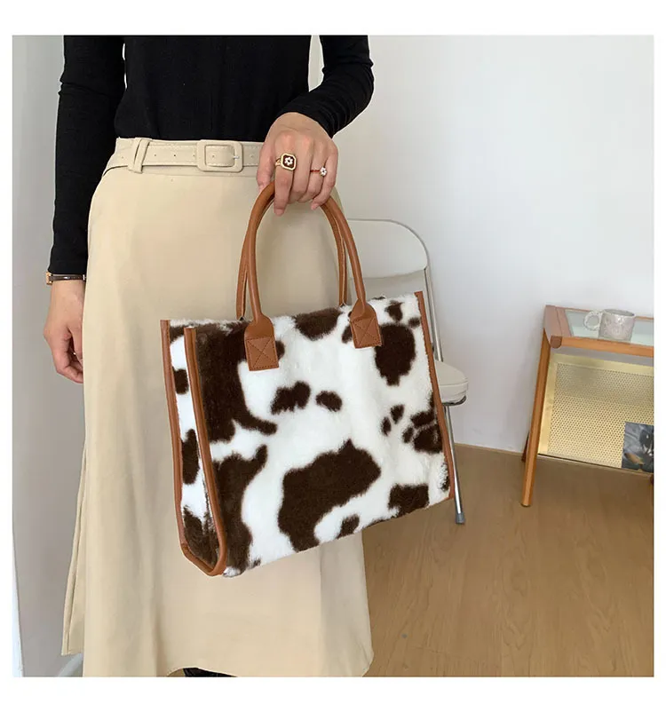 Top-Handle Bags Retro Cow Leopard Print PU Leather Plush Design Autumn Winter Fashion Small Women Small Handbags