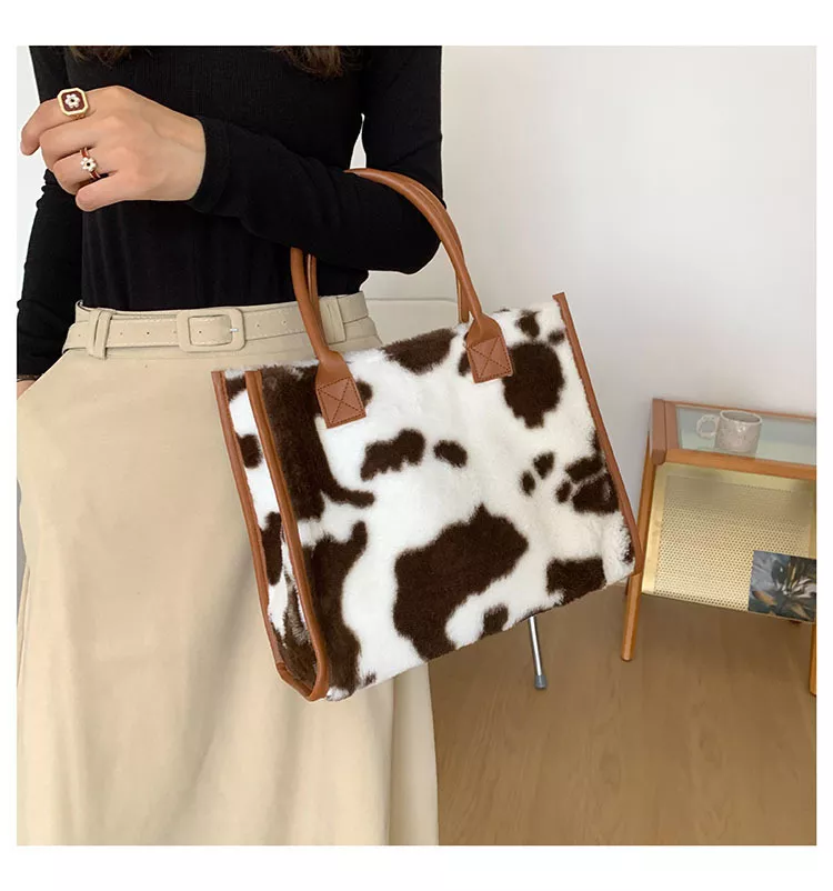 Top-Handle Bags Retro Cow Leopard Print PU Leather Plush Design Autumn Winter Fashion Small Women Small Handbags