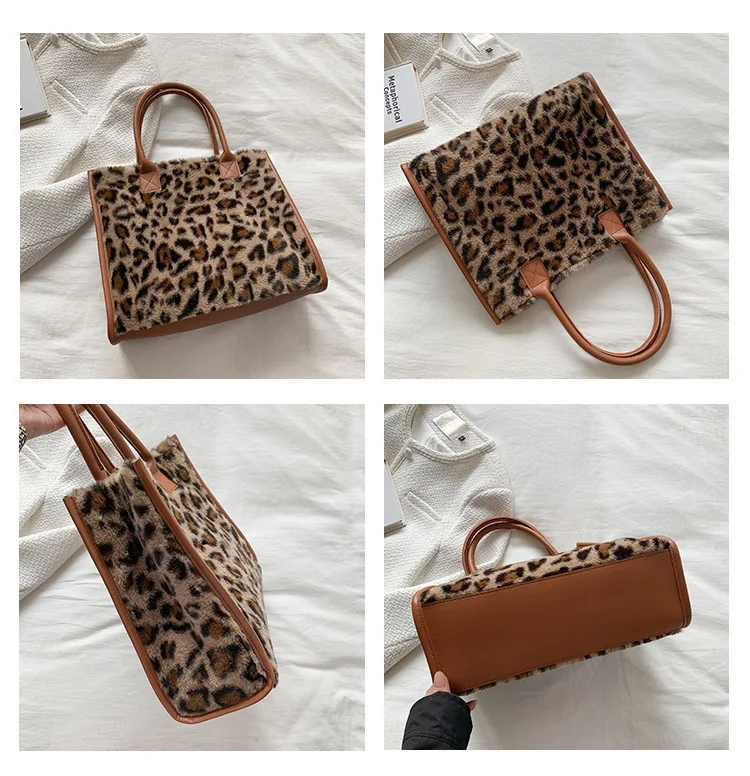 Top-Handle Bags Retro Cow Leopard Print PU Leather Plush Design Autumn Winter Fashion Small Women Small Handbags