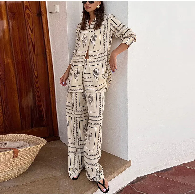 Women Causal Fashion Printed Two Piece Set Loose Lapel Single Breasted Shirt Wide Leg Pants Suit 2023 Autumn Lady Elegant Outfit