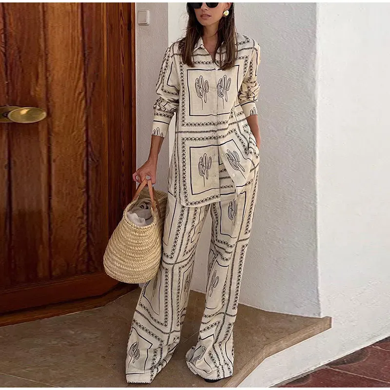 Women Causal Fashion Printed Two Piece Set Loose Lapel Single Breasted Shirt Wide Leg Pants Suit 2023 Autumn Lady Elegant Outfit