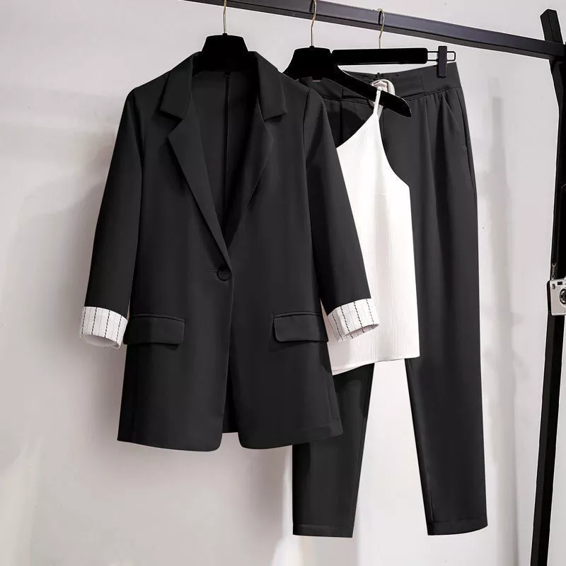 new plus size Korean elegant women's suit female blazer leisure pants Tweed suit jacket three piece jacket pants set