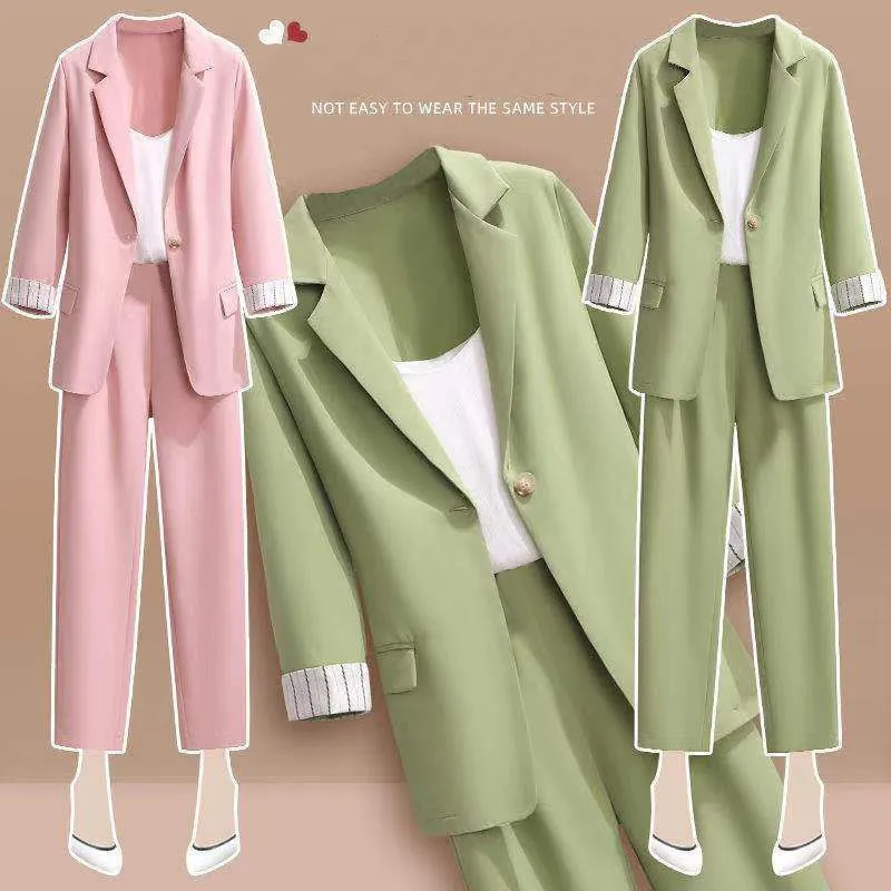 new plus size Korean elegant women's suit female blazer leisure pants Tweed suit jacket three piece jacket pants set