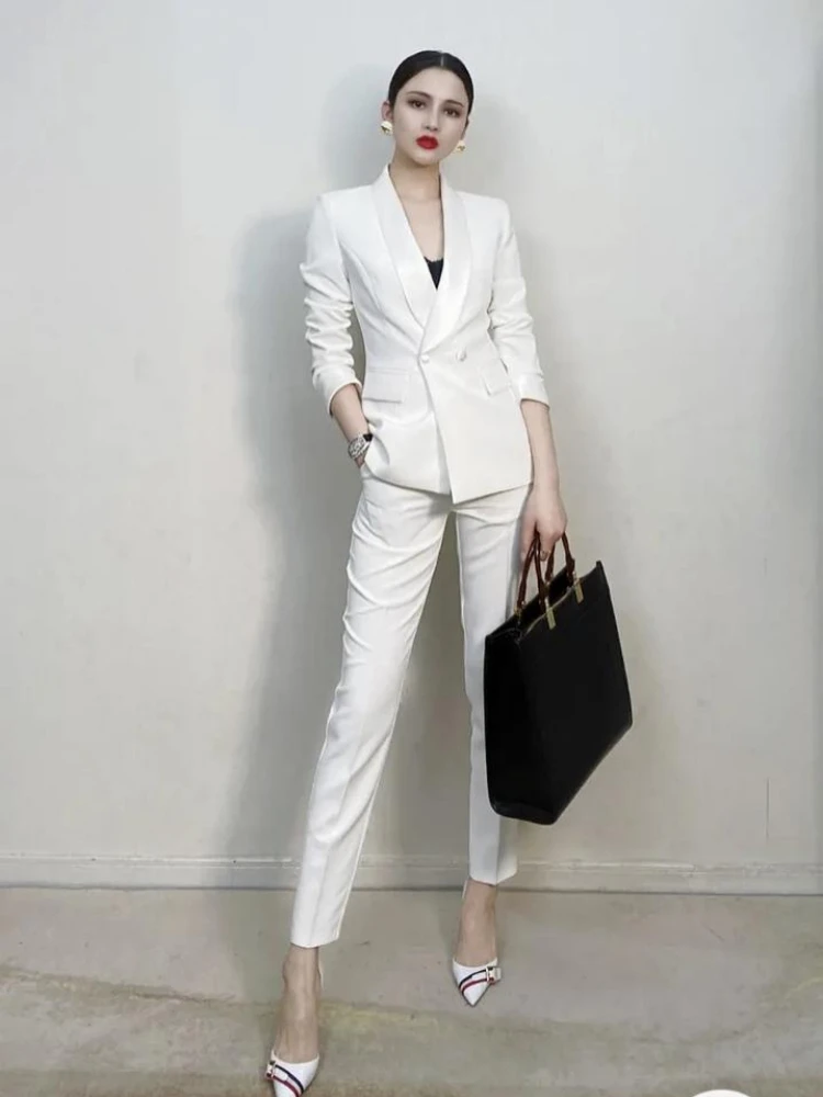 2024 Spring Autumn Women's Slim Suit Leggings Pants Solid Color White Suit Office Lady Professional Formal Wear Two-piece Set