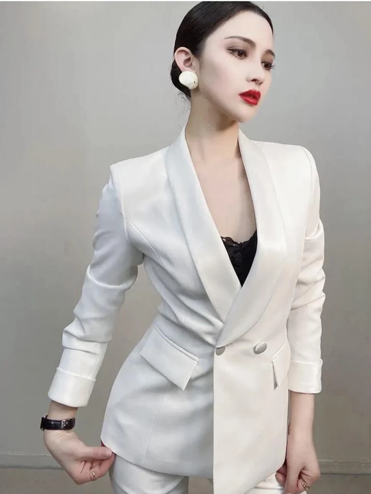 2024 Spring Autumn Women's Slim Suit Leggings Pants Solid Color White Suit Office Lady Professional Formal Wear Two-piece Set