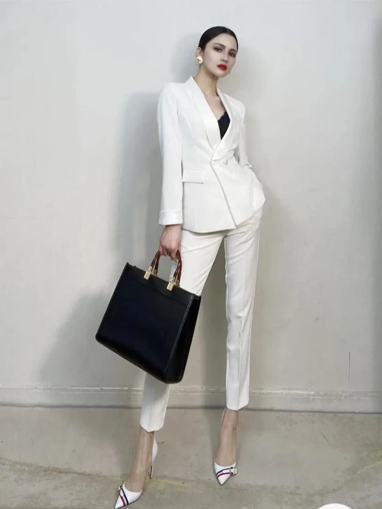 2024 Spring Autumn Women's Slim Suit Leggings Pants Solid Color White Suit Office Lady Professional Formal Wear Two-piece Set