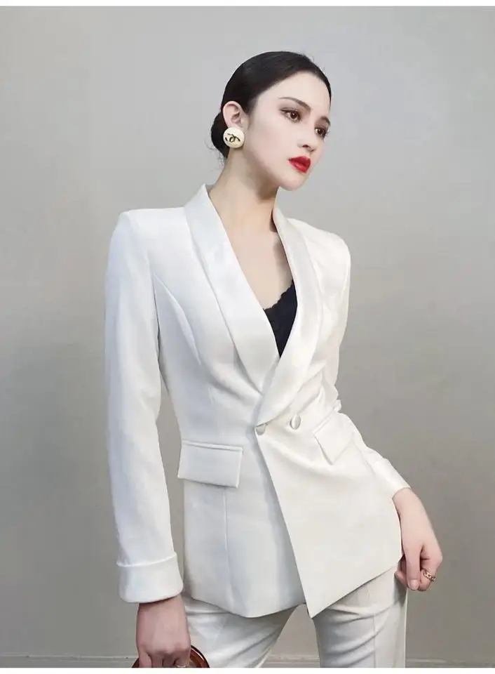 2024 Spring Autumn Women's Slim Suit Leggings Pants Solid Color White Suit Office Lady Professional Formal Wear Two-piece Set