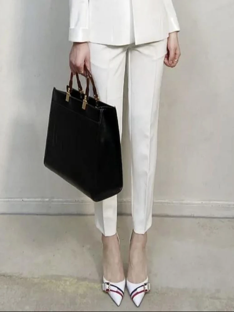 2024 Spring Autumn Women's Slim Suit Leggings Pants Solid Color White Suit Office Lady Professional Formal Wear Two-piece Set