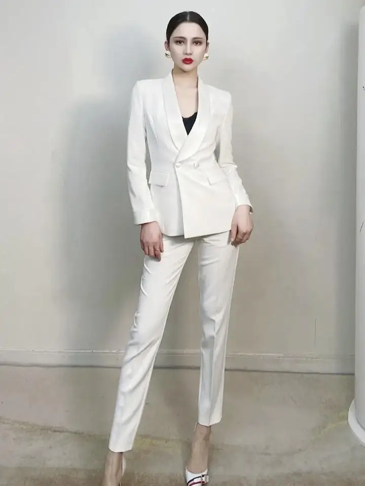 2024 Spring Autumn Women's Slim Suit Leggings Pants Solid Color White Suit Office Lady Professional Formal Wear Two-piece Set